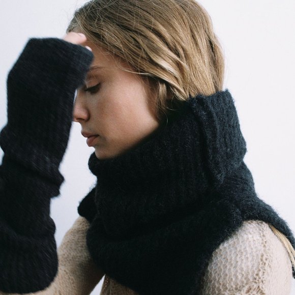 ZARA KNIT‎ BIB WOOL ALPACA WINTER COLLAR PULL ON MOHAIR SCARF ANTHRACITE - Picture 4 of 8